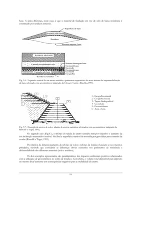 base. A única diferença, neste caso, é que o material de fundação em vez de solo de baixa resistência é
constituído por resíduos instáveis.




Fig. 9.6 - Expansão vertical de um aterro sanitário e pormenor esquemático do novo sistema de impermeabilização
da base reforçado com geossintéticos (adaptado de Chouery-Curtis e Butchko,1991).




                                                                                  1 - Geogrelha uniaxial
                                                                                  2 - Geogrelha biaxial
                                                                                  3 - Tapete biodegradável
                                                                                  4 - Geocélulas
                                                                                  5 - Geomembrana
                                                                                  6 - Areia e brita




Fig. 9.7 - Exemplo de aterros de solo e taludes de aterros sanitários reforçados com geossintéticos (adaptado de
Rimoldi e Togni, 1991).
         No segundo caso (Fig.9.7), o reforço do talude do aterro sanitário tem por objectivo o aumento da
sua inclinação mantendo-o estável. No final a superfície exterior foi revestida por geocélulas para controlo da
erosão (Rimoldi e Togni, 1991).

        Os critérios de dimensionamento de reforço de solos e reforço de resíduos baseiam-se nos mesmos
princípios, havendo que considerar as diferenças óbvias existentes nos parâmetros de resistência e
deformabilidade dos diferentes materiais (solo e resíduos).

       Os dois exemplos apresentados são paradigmáticos dos impactos ambientais positivos relacionados
com a utilização de geossintéticos no corpo de resíduos. Com efeito, o volume total disponível para depósito
no mesmo local aumenta sem consequências negativas para a estabilidade do aterro.




                                                         151
 