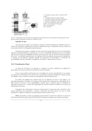 1 - Camada de suporte sobre os resíduos (0.30-
                                                              1.00m)
                                                              2 - Ventilador de gases em brita (0.30m)
                                                              3 - Camada de argila compactada (0.30-0.60m)
                                                              4 - Camada de drenagem em brita (0.30m)
                                                              5 - Solo de recobrimento (0.60-1.50m)
                                                              GCD - Geocompósito de drenagem
                                                              GM - Geomembrana
                                                              GT - Geotêxtil




Fig. 9.9 - Comparação de dois sistemas de recobrimento: armazenamento extra resultante da substituição dos solos
por geossintéticos (adaptado de Hoekstra e Berkhout, 1990).
        Superfície de topo

        Até à data, pouca atenção tem sido dada ao elemento estrutural designado por superfície de topo. A
maioria das descrições e regulamentos incorpora a superfície de topo no capeamento de topo, embora, tal
como mostra a Fig. 9.10, desempenhe funções distintas.

         Na maioria das situações a superfície de topo necessita da incorporação de solos com características
agrícolas. O principal problema a considerar tem a ver com a estabilidade superficial, que deve ser analisada,
quer do ponto de vista da estabilidade de taludes, quer do ponto de vista do controlo de erosão pela água e
pelo vento. A estabilidade superficial pode ser assegurada através da aplicação de geossintéticos apropriados.
A selecção do geossintético adequado depende dos parâmetros de pluviosidade e escoamento, da
permeabilidade dos solos, inclinação e comprimento dos taludes e utilização futura dos solos.


9.3.5 Considerações Finais

        Ao longo de 9.3.4 pôs-se em destaque as vantagens, em termos ambientais, da aplicação de
geossintéticos nos diversos elementos estruturais de um aterro sanitário.

        Como se pode verificar da leitura do texto os benefícios são muitos e diversificados. É, no entanto,
de realçar que esses benefícios só são efectivos se os geossintéticos exercerem cabalmente as funções que lhe
são exigidas, o que só é possível se forem convenientemente dimensionados para tal.

         O controlo da qualidade dos materiais antes da sua aplicação em obra é outro aspecto a de
primordial importância a considerar. Com efeito, sendo materiais cujo comportamento é dependente de um
largo número de factores e cuja susceptibilidade a agentes físicos e químicos pode ser significativa é
importante comprovar se os valores das propriedades do material recebido são idênticos aos valores das
especificações do mesmo.

        O progresso dos conhecimentos acerca do comportamento a longo prazo destes materiais é outro
aspecto importante, não esquecendo o controlo e observação das obras, aspecto este que em muito
beneficiaria o completo entendimento do funcionamento destes materiais in situ.

       Nota: recomenda-se a leitura de “Aplicação de geossintéticos em obras de ambiente”, da autoria da
Prof. Doutora Maria de Lurdes Lopes, FEUP, donde foi extraído este capítulo, com a devida autorização.

                                                       153
 