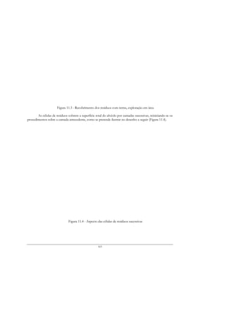 Figura 11.3 - Recobrimento dos resíduos com terras, exploração em área

       As células de resíduos cobrem a superfície total do alvéolo por camadas sucessivas, reiniciando-se os
procedimentos sobre a camada antecedente, como se pretende ilustrar no desenho a seguir (Figura 11.4).




                              Figura 11.4 - Aspecto das células de resíduos sucessivas




                                                    163
 