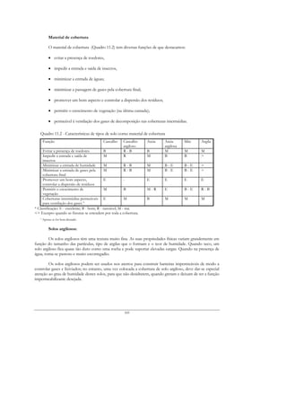 Material de cobertura

         O material de cobertura (Quadro 11.2) tem diversas funções de que destacamos:

         • evitar a presença de roedores,

         • impedir a entrada e saída de insectos,

         • minimizar a entrada de águas;

         • minimizar a passagem de gases pela cobertura final;

         • promover um bom aspecto e controlar a dispersão dos resíduos;

         • permitir o crescimento de vegetação (na última camada);

         • permeável à ventilação dos gases de decomposição nas coberturas intermédias.

   Quadro 11.2 - Características de tipos de solo como material de cobertura
    Função                               Cascalho    Cascalho     Areia     Areia       Silte     Argila
                                                     argiloso               argilosa
     Evitar a presença de roedores            B      R-B          B         M           M         M
     Impedir a entrada e saída de             M      R            M         B           B         >
     insectos
     Minimizar a entrada de humidade          M           R-B     M         B-E         B-E       >
     Minimizar a entrada de gases pela        M           R-B     M         B-E         B-E       >
     cobertura final
     Promover um bom aspecto,                 E           -       E         E           E         E
     controlar a dispersão de resíduos
     Permitir o crescimento de                M           B       M-R       E           B-E       R-B
     vegetação
     Coberturas intermédias permeáveis E                  M       B         M           M         M
     para ventilação dos gases º
* Classificação: E - excelente; B - bom; R - razoável; M - má.
<> Excepto quando as fissuras se estendem por toda a cobertura.
   º Apenas se for bem drenado.

         Solos argilosos:

        Os solos argilosos têm uma textura muito fina. As suas propriedades físicas variam grandemente em
função do tamanho das partículas, tipo de argilas que o formam e o teor de humidade. Quando seco, um
solo argiloso fica quase tão duro como uma rocha e pode suportar elevadas cargas. Quando na presença de
água, torna-se pastoso e muito escorregadio.

        Os solos argilosos podem ser usados nos aterros para construir barreiras impermeáveis de modo a
controlar gases e lixiviados; no entanto, uma vez colocada a cobertura de solo argiloso, deve dar-se especial
atenção ao grau de humidade destes solos, para que não desidratem, quando gretam e deixam de ter a função
impermeabilizante desejada.




                                                      169
 