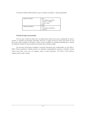 Constituem análises imprescindíveis as que se indicam no Quadro a seguir reproduzida:.


                   Análises de fundo               -pH
                                                   - Condutância específica
                                                   - Cloretos e sulfatos
                                                   - Ferro e zinco
                                                   CQO
                   Análises periódicas             - pH
                                                   - Condutância específica
                                                   - Cloretos



        Controle da água de percolação

        Uma vez que o fundo do aterro deve ser impermeável, então ele tem que ser preparado de modo a
recolher os efluentes de percolação (lixiviados). Para isso, é criado na base do aterro num ponto de cota
baixa, para onde se dirigem os lixiviados, e sobre o qual se empilham as manilhas perfuradas para o sistema
de tratamento. Podem ser feitas recolhas de lixiviados deste local para análise.

        Nas amostras de lixiviados recolhidas é necessário determinar: pH, condutividade, cor, SS, CBO5 e
CQO. Outros parâmetros também deverão ser analisados, designadamente quando os referidos tiverem
valores muito altos, como seja, o N orgânico, aniões e catiões específicos (Cl-; NH4+), COT (carbono
orgânico total) e ácidos voláteis.




                                                    174
 