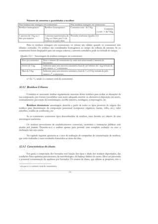 Número de amostras e quantidades a recolher:
Para resíduos não entregues em contentores                 Para resíduos entregues em contentores
Resíduos homogéneos          Resíduos heterogéneos         Contentor com - de 5 Kg
                                                                                               Contento
                                                                                        r com + de 5 Kg
1 amostra de 1 Kg ou 1         1 amostra representativa de Proceder conforme Quadro 12.1
litro por remessa              1 Kg ou 1 litro, por 5 t de
                               resíduos ou parte deles.
        Para os resíduos entregues em contentores, os valores são válidos quando os contentores têm
idêntico conteúdo. Os resíduos são considerados homogéneos ao tempo da colheita da amostra. Se os
contentores forem despejados para um tanque colector, a amostra cumulativa pode ser retirada do tanque.

    Quadro 12.1 - Amostragem de resíduos entregues em contentores
     Peso por contentor      Peso e número de contentores de onde será seleccionada a amostra de
                             laboratório
     menos de 5 Kg           Suficiente para uma amostra cumulativa final de um mínimo de 1 Kg retirada de
                             pelo menos x 1 contentores.
     Mais de 5 Kg            Suficiente para uma amostra cumulativa final de 1 a 2.5 Kg retirada de pelo
                             menos x 1 contentores.

           x=√n +1, sendo n o número total de contentores


12.3.1 Resíduos Urbanos

       Considera-se necessário analisar regularmente amostras destes resíduos para avaliar as alterações da
sua composição, por forma a possibilitar uma acção adequada anterior ou alternativa à deposição em aterro,
nomeadamente: prevenção da contaminação, recolha selectiva, reciclagem, compostagem, etc.

         Resíduos domésticos: amostragem aleatória a partir de todos os tipos possíveis de origens dos
resíduos para determinação da composição percentual (compostos orgânicos, metais, vidro, etc.), valor
calorífico, resíduo de combustão, etc.

       Se os contentores contiverem tipos desconhecidos de resíduos, estes deverão ser objecto de uma
amostragem autónoma.

          Os resíduos provenientes de estabelecimentos comerciais, escritórios e instituições públicas serão
descritos pelo produtor. Proceder-se-á a análises apenas para permitir uma completa avaliação ou caso a
declaração não seja exacta.

        No capítulo seguinte apresenta-se o teor de realização de campanhas de caracterização de resíduos,
que serão realizadas e cujos resultados fornecidos ao dono da obra.


12.3.2 Características do eluato.

       Em geral, a composição dos lixiviados será função dos tipos e idade dos resíduos depositados, das
condições físico-químicas prevalecentes, da microbiologia e do balanço hídrico do aterro. Deve ser prevenida
a potencial contaminação de aquíferos por lixiviados. Os ensaios de eluato, que adiante se propõem, têm o

1   em que n é o número total de contentores.

                                                         176
 