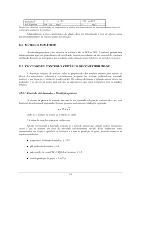 pesticidas 6          1-5            m Cl/l                     < 0.3 mg Cl/l
       sub. Lipófilas        0.4 - 2.0     mg/l                        <1         mg/l
Notas: Para efeitos de caracterização, os componentes a analisar nos eluatos devem ser seleccionados em função da
composição qualitativa dos resíduos.
       Adicionalmente a estas características do eluato, deve ser determinado o teor de asbesto numa
amostra representativa de resíduos inertes não tratados.


12.4 MÉTODOS ANALÍTICOS

         Os métodos propostos como métodos de referência são os ISO ou DIN. É aceitável qualquer outro
método equivalente após um procedimento de certificação baseado na utilização de um material de referência
certificado. Em caso de discrepância dos resultados serão utilizados como referência os métodos propostos.


12.5 PROCESSOS DE CONTROLO: CRITÉRIOS DE COMPATIBILIDADE

        A deposição conjunta de resíduos utiliza as propriedades dos resíduos urbanos para atenuar os
efeitos dos constituintes poluentes e potencialmente perigosos dos resíduos problemáticos, tornando
aceitável o seu impacto no ambiente (co-deposição). Os resíduos destinados a deposição conjunta devem ser
analisados e só devem ser aceites para este tipo de deposição os que sejam compatíveis com os resíduos
urbanos.


12.5.1 Controlo dos lixiviados - Condições prévias

        O número de pontos de controlo no caso de ser permitida a deposição conjunta deve ser, uma
função da área da zona de exploração. No caso presente, esse número é dado pela expressão:

                                           n = 10 + A
        onde: n é o número de pontos de controlo no aterro

        A é a área da zona de exploração, em hectares.

         Apenas se procederá à deposição conjunta se o controlo indicar que existem condições metanogenicas
estáveis e que se mantém um nível de actividade suficientemente elevado. Estes parâmetros serão
determinados em relação à qualidade de lixiviados e à taxa de produção de gases, devendo manter-se as
seguintes condições:

        • temperatura média dos lixiviados: ≥ 25oC

        • pH médio dos lixiviados: > 6.8

        • valor médio da razão CBO/CQO dos lixiviados: ≤ 0.3

        • taxa de produção de gases: > 5 m3/t.a.




                                                       178
 