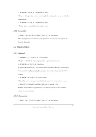 2 . PORTARIA 176/96, de 3 de Outubro (II Série).

      • Fixa os valores permitidos para a concentração de metais pesados nas lamas utilizadas

      na agricultura.

      3 . PORTARIA 177/96, de 3 de Outubro (II Série).

      • Fixa as regras sobre análise das lamas e dos solos.


2.9.2 Comunitária

      1 . DIRECTIVA 86/278/CEE, DO CONSELHO, de 12 de Junho

      • Relativa à protecção do ambiente, e em especial dos solos, na utilização agrícola de

      lamas de depuração.


2.10 ÓLEOS USADOS


2.10.1 Nacional

      1 . DECRETO-LEI Nº 88/91, de 23 de Fevereiro

      • Regula a actividade de armazenagem, recolha e queima de óleos usados

      2 . PORTARIA Nº 240/92, de 25 de Março

      • Aprova o Regulamento de Licenciamento das Actividades de Recolha, Armazenagem,

      Tratamento Prévio, Regeneração, Recuperação e Combustão e Incineração dos Óleos

      Usados.

      3 . PORTARIA Nº 1028/92, de 5 de Novembro

      • Estabelece normas de segurança e identificação para o transporte de óleos usados.

      4 . DESPACHO CONJUNTO DGE/DGQA, de 18 Maio de 1993

      • Define óleos usados e as especificações a que devem obedecer os óleos usados a

      utilizar como combustível.


2.10.2 Comunitária

      1 . DIRECTIVA 75/439/CEE, DO CONSELHO, de 16 de Junho


                                                                                                30
                               Tratamento de Resíduos Sólidos - Mário Russo
 