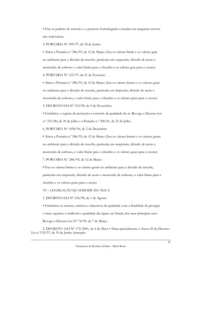 • Fixa os padrões de emissão e o processo homologação a instalar em máquinas móveis

       não rodoviárias.

       3. PORTARIA Nº 399/97, de 18 de Junho

       • Altera a Portaria n.º 286/93, de 12 de Março (fixa os valores limite e os valores guia

       no ambiente para o dióxido de enxofre, partículas em suspensão, dióxido de azoto e

       monóxido de carbono o valor limite para o chumbo e os valores guia para o ozono)

       4. PORTARIA Nº 125/97, de 21 de Fevereiro

       • Altera a Portaria n.º 286/93, de 12 de Março (fixa os valores limites e os valores guias

       no ambiente para o dióxido de enxofre, partículas em dispersão, dióxido de azoto e

       monóxido de carbono, o valor limite para o chumbo e os valores guias para o ozono)

       5. DECRETO-LEI Nº 352/90, de 9 de Novembro

       • Estabelece o regime de protecção e controlo da qualidade do ar. Revoga o Decreto-Lei

       n.º 255/80, de 30 de Julho e a Portaria n.º 508/81, de 25 de Julho.

       6. PORTARIA Nº 1058/94, de 2 de Dezembro

       • Altera a Portaria n.º 286/93, de 12 de Março (fixa os valores limites e os valores gerais

       no ambiente para o dióxido de enxofre, partículas em suspensão, dióxido de azoto e

       monóxido de carbono, o valor limite para o chumbo e os valores guias para o ozono).

       7. PORTARIA N.º 286/93, de 12 de Março

       • Fixa os valores limites e os valores gerais no ambiente para o dióxido de enxofre,

       partículas em suspensão, dióxido de azoto e monóxido de carbono, o valor limite para o

       chumbo e os valores guias para o ozono

       T5 – LEGISLAÇÃO QUALIDADE DA ÁGUA

       1. DECRETO-LEI Nº 236/98, de 1 de Agosto

       • Estabelece as normas, critérios e objectivos de qualidade com a finalidade de proteger

       o meio aquático e melhorar a qualidade das águas em função dos seus principais usos.

       Revoga o Decreto-Lei Nº 74/90, de 7 de Março

         2. DECRETO -LEI Nº 172/2001, de 6 de Maio • Altera parcialmente o Anexo II do Decreto-
Lei n.º152/97, de 19 de Junho (transpõe

                                                                                                     38
                                Tratamento de Resíduos Sólidos - Mário Russo
 