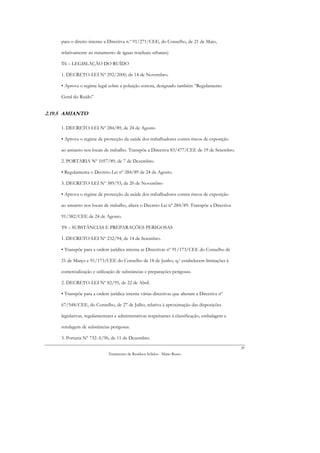 para o direito interno a Directiva n.º 91/271/CEE, do Conselho, de 21 de Maio,

     relativamente ao tratamento de águas residuais urbanas)

     T6 – LEGISLAÇÃO DO RUÍDO

     1. DECRETO-LEI Nº 292/2000, de 14 de Novembro.

     • Aprova o regime legal sobre a poluição sonora, designado também “Regulamento

     Geral do Ruído”


2.19.5 AMIANTO

     1. DECRETO-LEI Nº 284/89, de 24 de Agosto

     • Aprova o regime de protecção da saúde dos trabalhadores contra riscos de exposição

     ao amianto nos locais de trabalho. Transpõe a Directiva 83/477/CEE de 19 de Setembro.

     2. PORTARIA Nº 1057/89, de 7 de Dezembro.

     • Regulamenta o Decreto-Lei nº 284/89 de 24 de Agosto.

     3. DECRETO-LEI Nº 389/93, de 20 de Novembro

     • Aprova o regime de protecção da saúde dos trabalhadores contra riscos de exposição

     ao amianto nos locais de trabalho, altera o Decreto-Lei nº 284/89. Transpõe a Directiva

     91/382/CEE de 24 de Agosto.

     T8 – SUBSTÂNCIAS E PREPARAÇÕES PERIGOSAS

     1. DECRETO-LEI Nº 232/94, de 14 de Setembro.

     • Transpõe para a ordem jurídica interna as Directivas nº 91/173/CEE do Conselho de

     21 de Março e 91/173/CEE do Conselho de 18 de Junho, q/ estabelecem limitações à

     comercialização e utilização de substâncias e preparações perigosas.

     2. DECRETO-LEI Nº 82/95, de 22 de Abril.

     • Transpõe para a ordem jurídica interna várias directivas que alteram a Directiva nº

     67/548/CEE, do Conselho, de 27 de Julho, relativa à aproximação das disposições

     legislativas, regulamentares e administrativas respeitantes à classificação, embalagem e

     rotulagem de substâncias perigosas.

     3. Portaria Nº 732-A/96, de 11 de Dezembro.
                                                                                                39
                              Tratamento de Resíduos Sólidos - Mário Russo
 