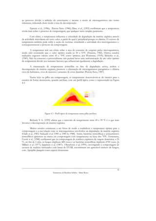 ao processo devido à inibição do crescimento e mesmo à morte de microrganismos não termo
tolerantes, reduzindo deste modo a taxa de decomposição.

        Epstein et al., (1986); Pereira Neto (1986); Diaz, et al., (1993) confirmam que a temperatura
revela mais sobre o processo de compostagem, que qualquer outro simples parâmetro.

         Com efeito, a temperatura influencia a velocidade de degradação da matéria orgânica através
da actividade microbiana até certo valor, a partir do qual é prejudicial porque os elimina. O excesso de
temperatura também pode inibir a acção de enzimas, retardando a actividade dos microrganismos e,
consequentemente o processo de compostagem.

         A temperatura tem um efeito sobre a taxa de consumo de oxigénio pelos microrganismos,
tendo sido constatado que o valor óptimo ronda os 50 a 55ºC (Finstein, 1982). Outros estudos
realizados sugerem valores entre 45 e 70ºC como óptimos, por Waskman, (1939); Mckinley et al.,
(1985). Não há consenso e provavelmente não poderá haver uma uniformização de um valor óptimo
de temperatura devido aos restantes factores que influenciam igualmente a degradação.

        A manutenção de temperaturas termófilas na fase de degradação activa, acelera a
decomposição da matéria orgânica, promove a eliminação de microrganismos patogénicos e elimina
ovos de helmintos, ovos de insectos e sementes de ervas daninhas (Pereira Neto, 1987).

         Numa leira ou pilha em compostagem, as temperaturas desenvolvem-se do interior para o
exterior de forma decrescente, quando aeróbias, com um perfil típico, como o representado na Figura
4.3.




                        Figura 4.3 - Perfil típico de temperatura numa pilha aeróbica


        Richard, T. L. (1992) afirma que o intervalo de temperaturas entre 45 e 59 ºC é o que mais
favorece a decomposição da matéria orgânica.

         Muitos estudos continuam a ser feitos de modo a estabelecer a temperatura óptima para a
compostagem e a sua relação com os microrganismos envolvidos na degradação da matéria orgânica
(Clark et al., 1983; Nakasaki et al. 1985 a; 1985 b; 1988). Assim, bactérias termofílicas e actinomicetos
termofílicos aparecem na massa em compostagem com temperaturas na faixa dos 70ºC. Entretanto,
Crook et al., (1988) verificaram que na compostagem de resíduos orgânicos de origem doméstica, a 55
ºC, ao fim de 1 mês, os fungos duplicam 400 vezes e as bactérias termofílicas duplicam 4700 vezes. Já
Millner et al, (1977); Jappinen et al, (1987); Olenchock et al, (1991), investigando a compostagem de
cavacos de madeira misturados com lamas de ETAR, encontraram um apreciável número de fungos,
com Aspergillus fumigatus como espécie dominante.




                                                                                                       56
                                 Tratamento de Resíduos Sólidos - Mário Russo
 