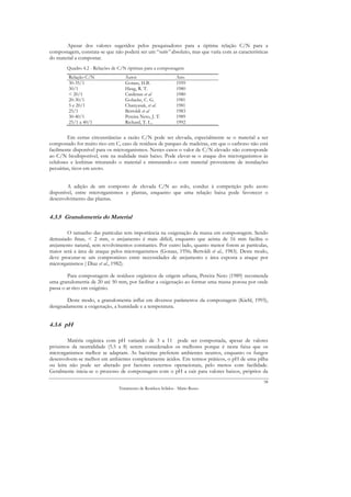 Apesar dos valores sugeridos pelos pesquisadores para a óptima relação C/N para a
compostagem, constata-se que não poderá ser um “ratio” absoluto, mas que varia com as características
do material a compostar.
        Quadro 4.2 - Relações de C/N óptimas para a compostagem
        Relação C/N                Autor                       Ano
        30-35/1                    Gotaas, H.B.                1959
        30/1                       Haug, R. T.                 1980
        < 20/1                     Cardenas et al              1980
        20-30/1                    Golueke, C. G.              1981
        5 e 20/1                   Chanyasak, et al.           1981
        25/1                       Bertoldi et al              1983
        30-40/1                    Pereira Neto, J. T.         1989
        25/1 a 40/1                Richard, T. L..             1992


         Em certas circunstâncias a razão C/N pode ser elevada, especialmente se o material a ser
compostado for muito rico em C, caso de resíduos de parques de madeiras, em que o carbono não está
facilmente disponível para os microrganismos. Nestes casos o valor de C/N elevado não corresponde
ao C/N biodisponível, este na realidade mais baixo. Pode elevar-se o ataque dos microrganismos às
celuloses e lenhinas triturando o material e misturando-o com material proveniente de instalações
pecuárias, ricos em azoto.


        A adição de um composto de elevada C/N ao solo, conduz à competição pelo azoto
disponível, entre microrganismos e plantas, enquanto que uma relação baixa pode favorecer o
desenvolvimento das plantas.


4.3.5 Granulometria do Material

        O tamanho das partículas tem importância na oxigenação da massa em compostagem. Sendo
demasiado finas, < 2 mm, o arejamento é mais difícil, enquanto que acima de 16 mm facilita o
arejamento natural, sem revolvimentos constantes. Por outro lado, quanto menor forem as partículas,
maior será a área de ataque pelos microrganismos (Gotaas, 1956; Bertoldi et al., 1983). Deste modo,
deve procurar-se um compromisso entre necessidades de arejamento e área exposta a ataque por
microrganismos ( Diaz et al., 1982).

         Para compostagem de resíduos orgânicos de origem urbana, Pereira Neto (1989) recomenda
uma granulometria de 20 até 50 mm, por facilitar a oxigenação ao formar uma massa porosa por onde
passa o ar rico em oxigénio.

        Deste modo, a granulometria influi em diversos parâmetros da compostagem (Kiehl, 1993),
designadamente a oxigenação, a humidade e a temperatura.


4.3.6 pH

        Matéria orgânica com pH variando de 3 a 11 pode ser compostada, apesar de valores
próximos da neutralidade (5.5 a 8) serem considerados os melhores porque é nesta faixa que os
microrganismos melhor se adaptam. As bactérias preferem ambientes neutros, enquanto os fungos
desenvolvem-se melhor em ambientes completamente ácidos. Em termos práticos, o pH de uma pilha
ou leira não pode ser alterado por factores externos operacionais, pelo menos com facilidade.
Geralmente inicia-se o processo de compostagem com o pH a cair para valores baixos, próprios da
                                                                                                   58
                                Tratamento de Resíduos Sólidos - Mário Russo
 