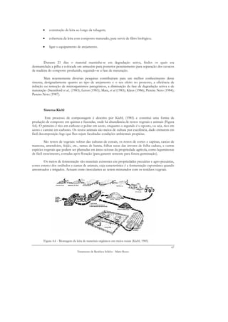 •   construção da leira ao longo da tubagem;

        •   cobertura da leira com composto maturado, para servir de filtro biológico;

        •   ligar o equipamento de arejamento.



       Durante 21 dias o material mantinha-se em degradação activa, findos os quais era
desmantelada a pilha e colocada em armazém para posterior peneiramento para separação dos cavacos
de madeira do composto produzido, seguindo-se a fase de maturação.

         Mais recentemente diversas pesquisas contribuíram para um melhor conhecimento deste
sistema, designadamente quanto ao tipo de arejamento e o seu efeito no processo, a eficiência de
inibição ou remoção de microrganismos patogénicos, a diminuição da fase de degradação activa e de
maturação (Stentiford et al.. (1983); Leton (1983); Mara, et al (1983); Klees (1986); Pereira Neto (1984);
Pereira Neto (1987).



        Sistema Kiehl

          Este processo de compostagem é descrito por Kiehl, (1985) e constitui uma forma de
produção de composto em quintas e fazendas, onde há abundância de restos vegetais e animais (Figura
4.6). O primeiro é rico em carbono e pobre em azoto, enquanto o segundo é o oposto, ou seja, rico em
azoto e carente em carbono. Os restos animais são meios de cultura por excelência, dado entrarem em
fácil decomposição logo que lhes sejam facultadas condições ambientais propícias.

          São restos de vegetais: sobras das culturas de cereais, os restos de cortes e capinas, cascas de
mamona, amendoins, feijão, etc., ramas de batata, folhas secas das árvores de folha caduca, e outras
espécies vegetais que podem ser plantadas em áreas ociosas da propriedade agrícola, como leguminosas
de fácil crescimento, cortadas após floração (para garantir semente para futura germinação).

       Os meios de fermentação são materiais existentes em propriedades pecuárias e agro-pecuárias,
como esterco dos estábulos e camas de animais, cuja característica é a fermentação espontânea quando
amontoados e irrigados. Actuam como inoculantes ao serem misturados com os resíduos vegetais.




        Figura 4.6 - Montagem da leira de materiais orgânicos em meios rurais (Kiehl, 1985)
                                                                                                        67
                                  Tratamento de Resíduos Sólidos - Mário Russo
 