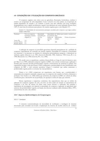 4.8 CONDIÇÕES DE UTILIZAÇÃO DO COMPOSTO ORGÂNICO

        O composto orgânico tem vários usos na agricultura, florestação, horticultura, combate à
erosão e na recuperação de solos degradados. Como correctivo de solos pobres, na recuperação de
taludes degradados de estradas e no combate à erosão, tem sido utilizado com bons resultados,
designadamente com o rápido recobrimento vegetal e boa aderência em zonas inclinadas (Pereira Neto,
1987). É uma fonte de nutrientes para plantas e de matéria orgânica para o solo (Quadro 4.7).
        Quadro 4.7 - Quantidades de macronutrientes principais veiculados pelo composto e por alguns adubos
        simples tradicionais.
Nutriente        Teor no composto       Quantidade         Quantidades de Adubos que contêm o mesmo teor
                 reportado à matéria    Veiculada por      de nutrientes (Kg)
                 original (%)           10 t/ha            Sulfato de Superfosfato     Cloreto de potássio
                                        (Kg)               amónio        simples
Azoto (N)        1.4                    140                700           -             -
Fósforo (P2O5)   0.9                    90                 -             500           -
Potássio (K2O)   1.1                    110                -             -             230



       A utilização de composto na actividade agronómica depende principalmente de: qualidade do
composto, especialmente do conteúdo em matéria orgânica, maturidade do composto, concentração
em nutrientes e na presença ou ausência de substâncias potencialmente perigosas e indesejáveis ao
ambiente agrário (Zucconi et al., 1981; Zucconi & Bertoldi, 1982; Anderson, 1983; Cossu, R. et al.,
1984; Mezzanotti et al., 1986; Genevini, P.L. et al., 1986).

        De acordo com as experiências e práticas desenvolvidas ao longo de mais de dezanove anos
por Mays et al., (1989), utilizando composto orgânico de RSU, estes autores concluem que a aplicação é
benéfica para sustentar elevadas produtividades vegetais e fornecimento de nutrientes às plantas. Em
experiências levadas a cabo por Garner (1962) comparando a produtividade de solos beneficiados com
composto de RSU e com estrumes pecuários, chegou à conclusão que ambas aumentam a
produtividade vegetal, porém os estrumes são mais produtivos.

        Tietjen et al., (1969) comprovam em experiências com batatas, que a produtividade é
aumentada com composto maturado, enquanto que os compostos não curados ou frescos, diminuem a
produção. Van Assche et al., (1982) afirma que acréscimos de composto de RSU em culturas de alface
contribuem para o decréscimo da sua produção, em oposição à cultura do aipo, que aumenta.

         Destas experiências e respectivas conclusões, fica especialmente claro que no âmbito da
aplicação do composto orgânico do solo, este deve ser feito tendo em atenção as características do
composto e do solo, da cultura, do clima, entre outros factores e, sobretudo, fica realçada a
importância da investigação, em especial as quantidades de composto a aplicação na agricultura para
aumento das produtividades vegetais, em função das diversas condições edafo-climáticas (Brito, 1997),
características do solo e das culturas.


4.8.1 Aspectos Epidemiológicos da Compostagem

4.8.1.1 Introdução

        A crescente consciencialização da necessidade de reutilização e reciclagem de materiais
descartados pela sociedade tem levado à implantação de sistemas de recolha selectiva de resíduos
                                                                                                         75
                                 Tratamento de Resíduos Sólidos - Mário Russo
 