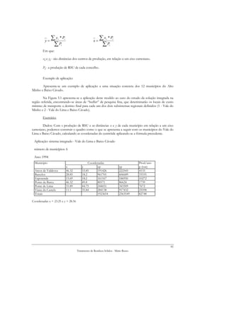 y=
              ∑y *P  i       i
                                                       x=
                                                            ∑x *Pi       i

               ∑P        i                                   ∑P      i

        Em que:

        xi e yi - são distâncias dos centros de produção, em relação a um eixo cartesiano.

        Pi - a produção de RSU de cada concelho.


        Exemplo de aplicação:

       Apresenta-se um exemplo de aplicação a uma situação concreta dos 12 municípios do Alto
Minho e Baixo Cávado.

        Na Figura 5.1 apresenta-se a aplicação deste modelo ao caso do estudo da solução integrada na
região referida, encontrando-se áreas de “buffer” de pesquisa fina, que determinarão os locais de custo
mínimo de transporte a destino final para cada um dos dois subsistemas regionais definidos (1 - Vale do
Minho e 2 - Vale do Lima e Baixo Cávado).

        Exercício:

         Dados: Com s produção de RSU e as distâncias x e y de cada município em relação a um eixo
cartesiano, podemos construir o quadro como o que se apresenta a seguir com os municípios do Vale do
Lima e Baixo Cávado, calculando as coordenadas do centróide aplicando-se a fórmula precedente.

 Aplicação: sistema integrado - Vale do Lima e Baixo Cávado

 número de municípios: 6

 Ano: 1994
  Municipio                                       Coordenadas                           Prod/ano
                                 x           y          xp                   yp         p (ton)
  Arcos de Valdevez              46.32       53.85      191426               222545     4133
  Barcelos                       28.85       18.2       961701               606689     33335
  Esposende                      15.69       18.2       161167               186950     10272
  Ponte da Barca                 46.32       49.8       80571                86624      1739
  Ponte de Lima                  31.89       44.75      244651               343309     7672
  Viana do Castelo               11.1        35.84      284138               917432     25598
  Totais                                                1923654              2363549    82748

Coordenadas x = 23.25 e y = 28.56




                                                                                                     82
                                         Tratamento de Resíduos Sólidos - Mário Russo
 
