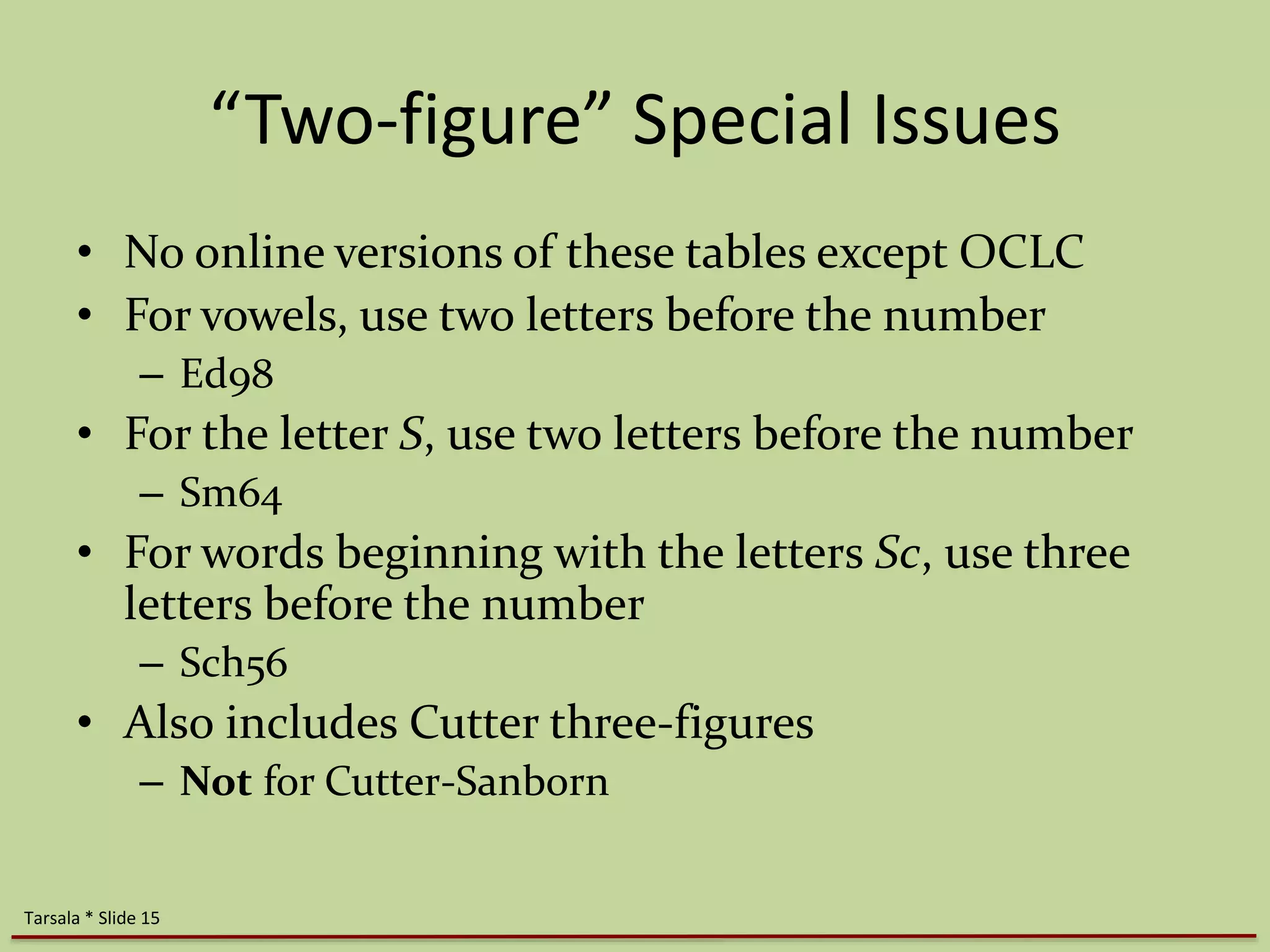 “Two-figure” Special Issues 
• No online versions of these tables except OCLC 
• For vowels, use two letters before the number 
– Ed98 
• For the letter S, use two letters before the number 
– Sm64 
• For words beginning with the letters Sc, use three 
letters before the number 
– Sch56 
• Also includes Cutter three-figures 
– Not for Cutter-Sanborn 
Tarsala * Slide 15 
 