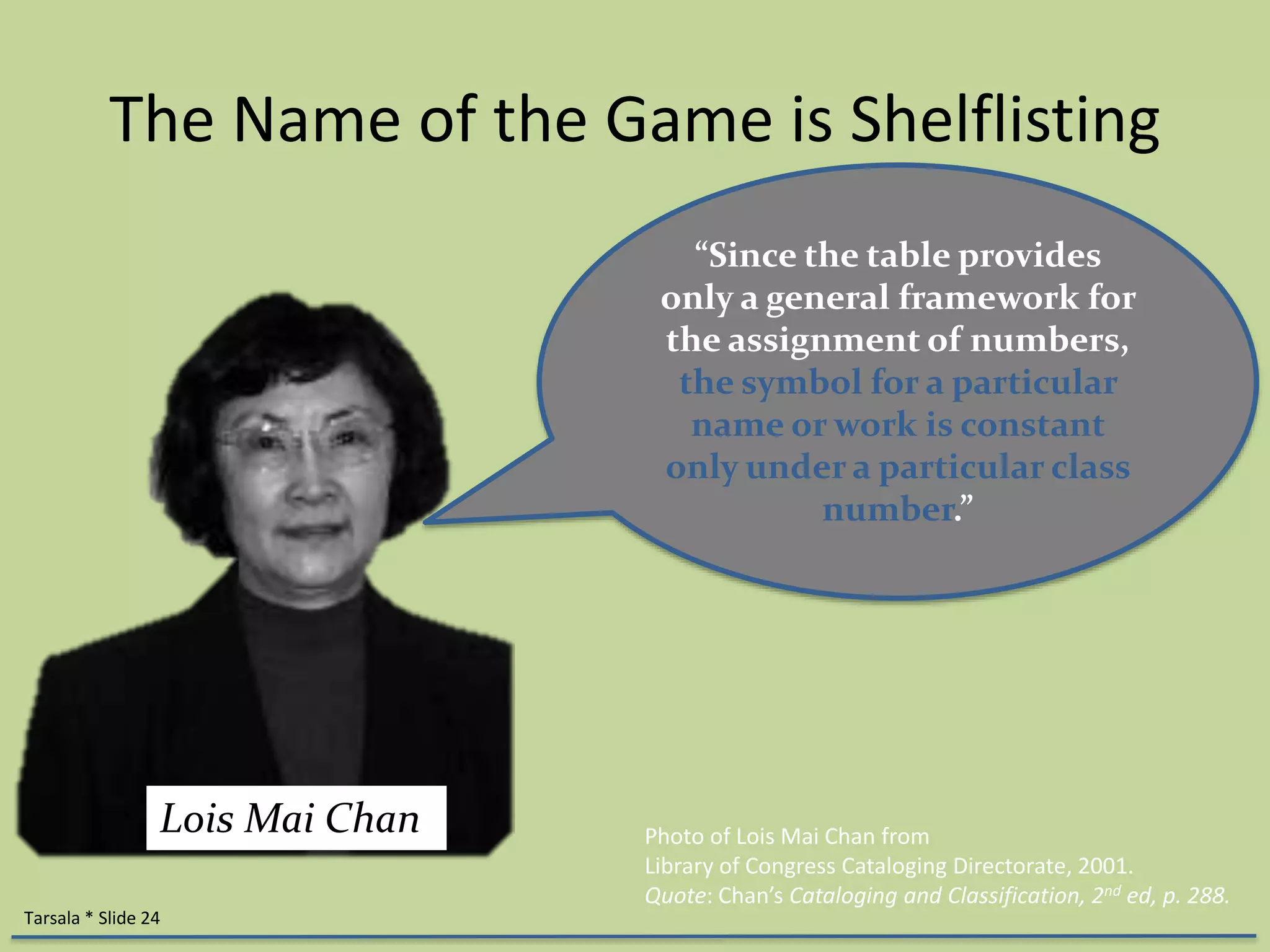 The Name of the Game is Shelflisting 
Tarsala * Slide 24 
“Since the table provides 
only a general framework for 
the assignment of numbers, 
the symbol for a particular 
name or work is constant 
only under a particular class 
number.” 
Photo of Lois Mai Chan from 
Library of Congress Cataloging Directorate, 2001. 
Quote: Chan’s Cataloging and Classification, 2nd ed, p. 288. 
Lois Mai Chan 
 