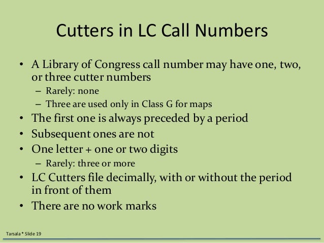 Tarsala: Building Cutter Numbers