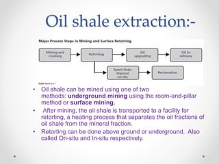 Oil shale extraction:-
• Oil shale can be mined using one of two
methods: underground mining using the room-and-pillar
method or surface mining.
• After mining, the oil shale is transported to a facility for
retorting, a heating process that separates the oil fractions of
oil shale from the mineral fraction.
• Retorting can be done above ground or underground. Also
called On-situ and In-situ respectively.
 