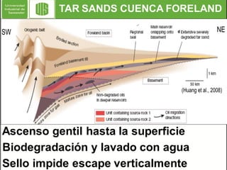 TAR SANDS CUENCA FORELAND

Ascenso gentil hasta la superficie
Biodegradación y lavado con agua
Sello impide escape verticalmente

 