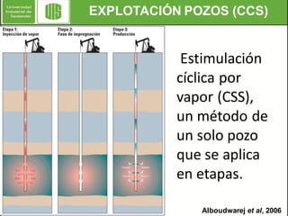 EXPLOTACIÓN POZOS (CCS)

Estimulación
cíclica por
vapor (CSS),
un método de
un solo pozo
que se aplica
en etapas.
Alboudwarej et al, 2006

 