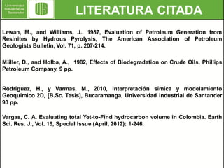 LITERATURA CITADA
Lewan, M., and Williams, J., 1987, Evaluation of Petroleum Generation from
Resinites by Hydrous Pyrolysis, The American Association of Petroleum
Geologists Bulletin, Vol. 71, p. 207-214.
Miiller, D., and Holba, A., 1982, Effects of Biodegradation on Crude Oils, Phillips
Petroleum Company, 9 pp.

Rodriguez, H., y Varmas, M., 2010, Interpretación símica y modelamiento
Geoquímico 2D, [B.Sc. Tesis], Bucaramanga, Universidad Industrial de Santander
93 pp.
Vargas, C. A. Evaluating total Yet-to-Find hydrocarbon volume in Colombia. Earth
Sci. Res. J., Vol. 16, Special Issue (April, 2012): 1-246.

 