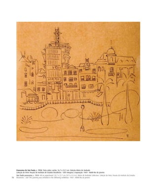 74
Panorama de São Paulo, c. 1924. Tinta sobre cartão. 26,7 x 23,7 cm. Coleção Mário de Andrade
Coleção de Artes Visuais do Instituto de Estudos Brasileiros – USP. Integrou a exposição: 1969 – MAM-Rio de Janeiro
São Paulo panorama, c. 1924. Ink on paperboard. 26.7 x 23.7 cm (10.5 x 9.3 in.). Mário de Andrade Collection. Coleção de Artes Visuais do Instituto de Estudos
Brasileiros – USP. This painting was included in the following exhibition: 1969 – MAM-Rio de Janeiro
 