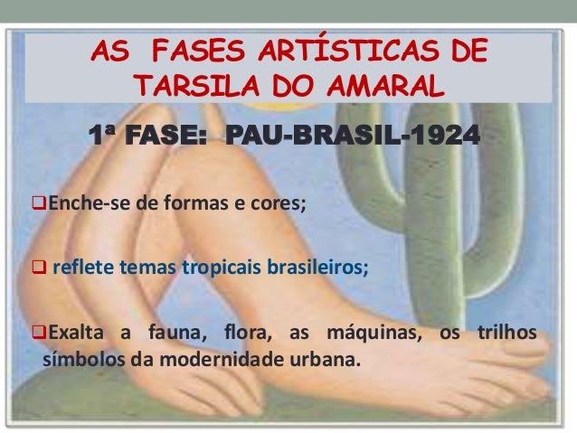 AS FASES ARTÍSTICAS DE
TARSILA DO AMARAL
1ª FASE: PAU-BRASIL-1924
Enche-se de formas e cores;
 reflete temas tropicais b...