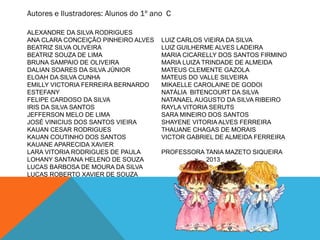 ALEXANDRE DA SILVA RODRIGUES
ANA CLARA CONCEIÇÃO PINHEIRO ALVES
BEATRIZ SILVA OLIVEIRA
BEATRIZ SOUZA DE LIMA
BRUNA SAMPAIO DE OLIVEIRA
DALIAN SOARES DA SILVA JÚNIOR
ELOAH DA SILVA CUNHA
EMILLY VICTORIA FERREIRA BERNARDO
ESTEFANY
FELIPE CARDOSO DA SILVA
IRIS DA SILVA SANTOS
JEFFERSON MELO DE LIMA
JOSÉ VINICIUS DOS SANTOS VIEIRA
KAUAN CESAR RODRIGUES
KAUAN COUTINHO DOS SANTOS
KAUANE APARECIDA XAVIER
LARA VITORIA RODRIGUES DE PAULA
LOHANY SANTANA HELENO DE SOUZA
LUCAS BARBOSA DE MOURA DA SILVA
LUCAS ROBERTO XAVIER DE SOUZA
LUIZ CARLOS VIEIRA DA SILVA
LUIZ GUILHERME ALVES LADEIRA
MARIA CICARELLY DOS SANTOS FIRMINO
MARIA LUIZA TRINDADE DE ALMEIDA
MATEUS CLEMENTE GAZOLA
MATEUS DO VALLE SILVEIRA
MIKAELLE CAROLAINE DE GODOI
NATÁLIA BITENCOURT DA SILVA
NATANAEL AUGUSTO DA SILVA RIBEIRO
RAYLA VITORIA SERUTS
SARA MINEIRO DOS SANTOS
SHAYENE VITORIA ALVES FERREIRA
THAUANE CHAGAS DE MORAIS
VICTOR GABRIEL DE ALMEIDA FERREIRA
PROFESSORA TANIA MAZETO SIQUEIRA
2013
Autores e Ilustradores: Alunos do 1º ano C
 