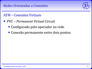 Redes Orientadas a Conexões
Tecnologias Atuais de Redes - VPN 52
PVC – Permanent Virtual Circuit
Configurado pelo operador...