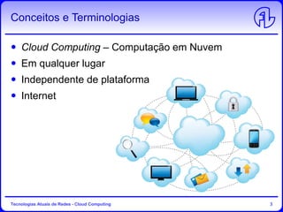 Conceitos e Terminologias
Cloud Computing – Computação em Nuvem
Em qualquer lugar
Independente de plataforma
Internet
Tecnologias Atuais de Redes - Cloud Computing 3
 