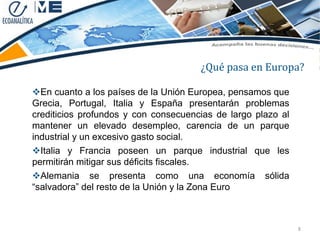 ¿Qué pasa en Europa?

En cuanto a los países de la Unión Europea, pensamos que
Grecia, Portugal, Italia y España presentarán problemas
crediticios profundos y con consecuencias de largo plazo al
mantener un elevado desempleo, carencia de un parque
industrial y un excesivo gasto social.
Italia y Francia poseen un parque industrial que les
permitirán mitigar sus déficits fiscales.
Alemania se presenta como una economía sólida
“salvadora” del resto de la Unión y la Zona Euro



                                                              8
 