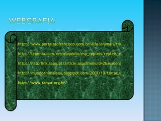 http://www.portalsaofrancisco.com.br/alfa/animais/tartaruga-marinha.php http://latemia.com/enciclopedia/esp_repteis/repteis_enciclopediatartarugamarinha.htm http://naturlink.sapo.pt/article.aspx?menuid=2&exmenuid=76&bl=1&cid=7026 http://mundoanimaleeu.blogspot.com/2007/10/tartaruga-marinha.html http://www.tamar.org.br/ 
