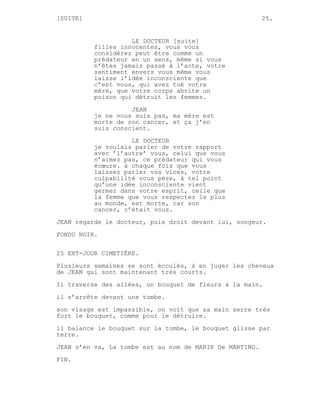 [SUITE]                                                  25.


                    LE DOCTEUR [suite]
          filles innocentes, vous vous
          considérez peut être comme un
          prédateur en un sens, même si vous
          n’êtes jamais passé à l’acte, votre
          sentiment envers vous même vous
          laisse l’idée inconsciente que
          c’est vous, qui avez tué votre
          mère, que votre corps abrite un
          poison qui détruit les femmes.

                    JEAN
          je ne vous suis pas, ma mère est
          morte de son cancer, et ça j’en
          suis conscient.
                    LE DOCTEUR
          je voulais parler de votre rapport
          avec ’l’autre’ vous, celui que vous
          n’aimez pas, ce prédateur qui vous
          écœure. à chaque fois que vous
          laissez parler vos vices, votre
          culpabilité vous pèse, à tel point
          qu’une idée inconsciente vient
          germer dans votre esprit, celle que
          la femme que vous respectez le plus
          au monde, est morte, car son
          cancer, c’était vous.

JEAN regarde le docteur, puis droit devant lui, songeur.
FONDU NOIR.


25 EXT-JOUR CIMETIÈRE.
Plusieurs semaines se sont écoulés, à en juger les cheveux
de JEAN qui sont maintenant très courts.
Il traverse des allées, un bouquet de fleurs à la main.

il s’arrête devant une tombe.
son visage est impassible, on voit que sa main serre très
fort le bouquet, comme pour le détruire.

il balance le bouquet sur la tombe, le bouquet glisse par
terre.
JEAN s’en va, La tombe est au nom de MARIE De MARTINO.
FIN.
 