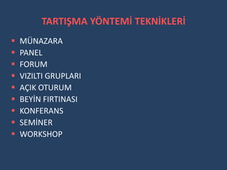 TARTIŞMA YÖNTEMİ TEKNİKLERİ
   MÜNAZARA
   PANEL
   FORUM
   VIZILTI GRUPLARI
   AÇIK OTURUM
   BEYİN FIRTINASI
   KONFERANS
   SEMİNER
   WORKSHOP
 