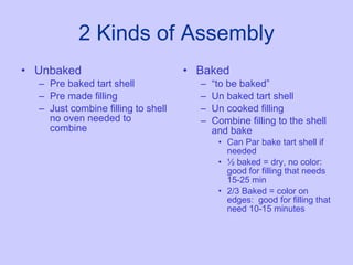 2 Kinds of Assembly Unbaked Pre baked tart shell Pre made filling Just combine filling to shell no oven needed to combine Baked “ to be baked” Un baked tart shell Un cooked filling Combine filling to the shell and bake Can Par bake tart shell if needed  ½ baked = dry, no color: good for filling that needs 15-25 min 2/3 Baked = color on edges:  good for filling that need 10-15 minutes 