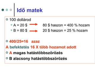 Idő matek
   100 dollárod
     A = 20 $      80 $ haszon = 400 % hozam
     B = 80 $      20 $ haszon = 25 % hozam

 400/25=16 azaz
A befektetés 16 X több hozamot adott
 A magas hatástöbbszörözés

 B alacsony hatástöbbszörözés
 