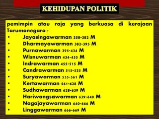 pemimpin atau raja yang berkuasa di kerajaan
Tarumanegara :
• Jayasingawarman 358-382 M
• Dharmayawarman 382-395 M
• Purnawarman 395-434 M
• Wisnuwarman 434-455 M
• Indrawarman 455-515 M
• Candrawarman 515-535 M
• Suryawarman 535-561 M
• Kertawarman 561-628 M
• Sudhawarman 628-639 M
• Hariwangsawarman 639-640 M
• Nagajayawarman 640-666 M
• Linggawarman 666-669 M
 