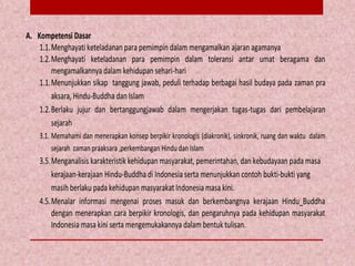 A. Kompetensi Dasar
1.1.Menghayati keteladanan para pemimpin dalam mengamalkan ajaran agamanya
1.2.Menghayati keteladanan para pemimpin dalam toleransi antar umat beragama dan
mengamalkannya dalam kehidupan sehari-hari
1.1.Menunjukkan sikap tanggung jawab, peduli terhadap berbagai hasil budaya pada zaman pra
aksara, Hindu-Buddha dan Islam
1.2.Berlaku jujur dan bertanggungjawab dalam mengerjakan tugas-tugas dari pembelajaran
sejarah
3.1. Memahami dan menerapkan konsep berpikir kronologis (diakronik), sinkronik, ruang dan waktu dalam
sejarah zaman praaksara ,perkembangan Hindu dan Islam
3.5.Menganalisis karakteristik kehidupan masyarakat, pemerintahan, dan kebudayaan pada masa
kerajaan-kerajaan Hindu-Buddha di Indonesia serta menunjukkan contoh bukti-bukti yang
masih berlaku pada kehidupan masyarakat Indonesia masa kini.
4.5.Menalar informasi mengenai proses masuk dan berkembangnya kerajaan Hindu_Buddha
dengan menerapkan cara berpikir kronologis, dan pengaruhnya pada kehidupan masyarakat
Indonesia masa kini serta mengemukakannya dalam bentuk tulisan.
 