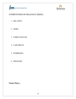 COMPETITORS OF RELIANCE FRESH :


  1. BIG APPLE



  2. MORE



  3. SABKA BAZAAR



  4. FAIR PRICES



  5. SUBHIKSHA



  6. SPENCERS




Future Plans :




                         25
 
