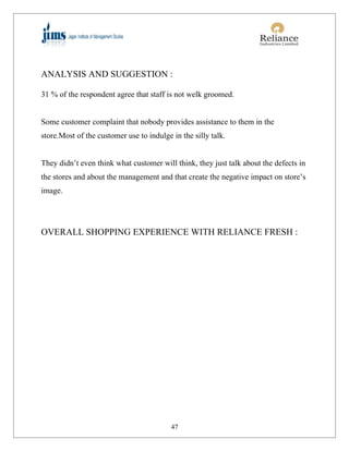 ANALYSIS AND SUGGESTION :

31 % of the respondent agree that staff is not welk groomed.


Some customer complaint that nobody provides assistance to them in the
store.Most of the customer use to indulge in the silly talk.


They didn’t even think what customer will think, they just talk about the defects in
the stores and about the management and that create the negative impact on store’s
image.




OVERALL SHOPPING EXPERIENCE WITH RELIANCE FRESH :




                                          47
 