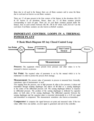 30
flame due to oil used in the furnace there are oil flame scanners and to sense the flame
due to coal used are known as coal flame scanners.
There are 12 oil guns present in the four corners of the furnace in the elevations AB, CD
& EF known as oil elevations. Hence, there are 12 oil flame scanners present
corresponding to each oil guns. There are 16 coal flame scanners present inside the
furnace, four on each corners between AB, BC, DE & EF where A,B,C,D,E & F are the
coal ducts. Coal flame scanners are also known as fireball scanners.
IMPORTANT CONTROL LOOPS IN A THERMAL
POWER PLANT
 Basic Block Diagram Of Any Closed Control Loop
Set Point Error
Process: The equipment whose present level, pressure and other values is to be
measured is known as process.
Set Point: The required value of parameter is set by the manual which is to be
maintained in order to protect the process from damage.
Measurement: The present value of parameter in process is measured here. Generally,
capacitance type of measurement is used.
Two tapping from the process, one at high pressure & other at low pressure, is taken and
transmitted through isolating diaphragm and silicon oil fill fluid to a sensing diaphragm
in the centre of the differential pressure cell. The sensing diaphragm deflects in response
to differential pressure. The position of the sensing diaphragm is deflected by capacitor
plates on both sides of the sensing diaphragm. The differential capacitor between the
sensing diaphragm and the capacitor plate is converted electronically to a 4-20 mA signal
and transmitted to comparator. This measurement sometimes also known as transmitter.
Comparator: It compares the signal between set point and measured value. If the two
values differ from one another, an error signal is generated and sent to the controller.
+ Controller Final Control
Element
Process
Measurement
 