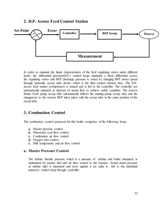 32
2. D.P. Across Feed Control Station
Set Point Error
In order to maintain the linear characteristics of the feed regulating valves under different
loads, the differential pressure(D.P.) control loops maintains a fixed differential across
the regulating valves and BFP discharge pressure is varied by changing BFP motor speed
through hydraulic scoop tube device which is the final control element here. The D.P.
across feed station (comparator) is sensed and is fed to the controller. The controller are
automatically adjusted as function of steam flow to achieve stable condition. The reserve
Boiler Feed pump scoop tube automatically follows the running pump scoop tube and the
changeover to the reserve BFP takes place with the scoop tube in the same position of the
scoop tube.
3. Combustion Control
The combustion control proposed for this boiler comprises of the following loops:
a. Master pressure control
b. Pulverized coal flow control
c. Combustion air flow control
d. Oxygen trim control
e. Mill temperature and air flow control
a. Master Pressure Control
The turbine throttle pressure which is a measure of turbine and boiler mismatch, is
maintained by proper fuel and air flow control to the burners. Actual steam pressure
at turbine inlet is measured and error against a set value is fed to the individual
pulverize control loop through controller.
+ Controller BFP Scoop Process
Measurement
 
