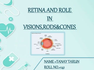 NAME =TANAY TARUN
ROLL NO.=141
RETINA AND ROLE
IN
VISIONS,RODS&CONES
 