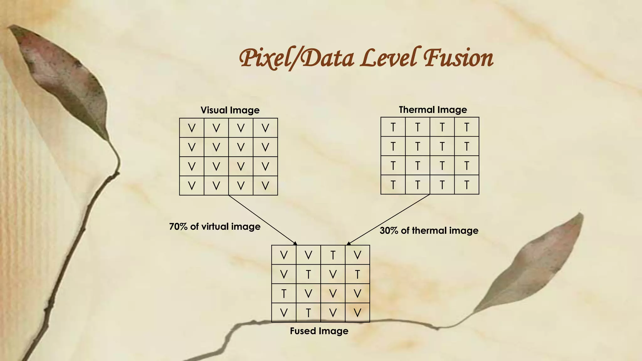 Pixel/Data Level Fusion
V V V V
V V V V
V V V V
V V V V
T T T T
T T T T
T T T T
T T T T
V V T V
V T V T
T V V V
V T V V
70% of virtual image 30% of thermal image
Visual Image Thermal Image
Fused Image
 
