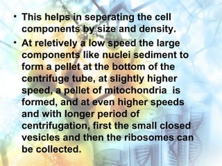 • This helps in seperating the cell
components by size and density.
• At reletively a low speed the large
components like nuclei sediment to
form a pellet at the bottom of the
centrifuge tube, at slightly higher
speed, a pellet of mitochondria is
formed, and at even higher speeds
and with longer period of
centrifugation, first the small closed
vesicles and then the ribosomes can
be collected.
 