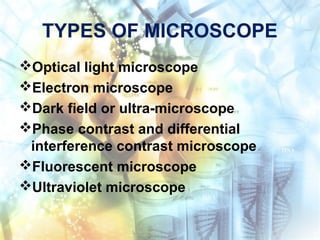 TYPES OF MICROSCOPE
Optical light microscope
Electron microscope
Dark field or ultra-microscope
Phase contrast and differential
interference contrast microscope
Fluorescent microscope
Ultraviolet microscope
 