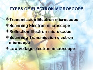 TYPES OF ELECTRON MICROSCOPE
Transmission Electron microscope
Scanning Electron microscope
Reflection Electron microscope
Scanning Transmission electron
microsope
Low voltage electron microscope
 