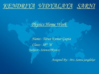 KENDRIYA VIDYALAYA SARNI
Physics Home Work
Name:- Tarun Kumar Gupta
Class:- 10th ‘B’
Subject:- Science(Physics)
Assigned By:- Mrs. Samta jangdekar
 