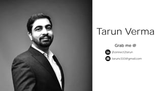 Tarun Verma
Grab me @
tarunv333@gmail.com
/connect2tarun
 