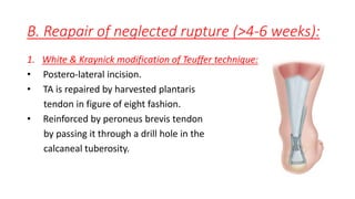 B. Reapair of neglected rupture (>4-6 weeks):
1. White & Kraynick modification of Teuffer technique:
• Postero-lateral incision.
• TA is repaired by harvested plantaris
tendon in figure of eight fashion.
• Reinforced by peroneus brevis tendon
by passing it through a drill hole in the
calcaneal tuberosity.
 