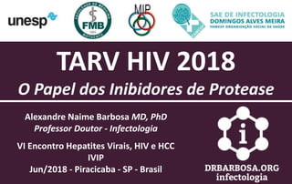 Alexandre Naime Barbosa MD, PhD
Professor Doutor - Infectologia
VI Encontro Hepatites Virais, HIV e HCC
IVIP
Jun/2018 - Piracicaba - SP - Brasil
TARV HIV 2018
O Papel dos Inibidores de Protease
 