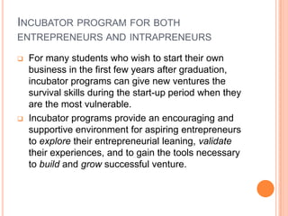 Incubator programs provide an encouraging and supportive environment for aspiring entrepreneurs to explore their entrepreneurial leaning, validate their experiences, and to gain the tools necessary to build and grow successful venture. Intensive mentoring programMain goal: To further challenge the ideas of entrepreneurship students.By building alliance and relationships with other entrepreneurs, business professionals, alumni, and investors, students gain personal insights, develop concepts, and formulate new ideas with this form of training.