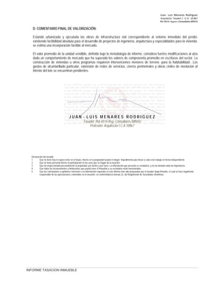Juan ‐ Luis Menares Rodríguez
Arquitecto Tasador / I.C.A. 10.867
Rol 4414 Registro Consultores MINVU
INFORME TASACION INMUEBLE
D. COMENTARIO FINAL DE VALORIZACIÓN:
Estando urbanizada y ejecutada las obras de infraestructura vial correspondiente al entorno inmediato del predio;
existiendo factibilidad absoluta para el desarrollo de proyectos de ingeniería, arquitectura y especialidades para la vivienda;
se estima una incorporación factible al mercado.
El valor promedio de la unidad vendible, definido bajo la metodología de informe, considera fuertes modificaciones al alza
dado un comportamiento de mercado que ha superado los valores de compraventa promedio en escrituras del sector. La
construcción de viviendas u otros programas requieren intervenciones menores de terreno -para la habitabilidad-. Los
gastos de alcantarillado particular, extensión de redes de servicios, cierros perimetrales y obras civiles de nivelación al
interior del lote se encuentran pendientes.
J U A N - L U I S M E N A R E S R O D R I G U E Z
Tasador: Rol 4414 Reg. Consultores MINVU
Profesión: Arquitecto/ I.C.A.10867
Declaración del tasador
1. Que no tiene hoy ni espera tener en el futuro, interés en la propiedad tasada ni ningún impedimento para llevar a cabo este trabajo en forma independiente.
2. Que no tiene personal interés ni participación en los usos que se hagan de la tasación.
3. Que ha inspeccionado personalmente la propiedad, por dentro y por fuera. La información que presenta es verdadera, y no ha obviado nada de importancia.
4. Que todos los inconvenientes y limitaciones que pueda tener el inmueble y su vecindario están mencionados.
5. Que las conclusiones y opiniones referentes a la información requerida en este informe han sido preparadas por el tasador abajo firmante, el cual se hace legalmente
responsable de las apreciaciones contenidas en la tasación, en conformidad al artículo 22, del Reglamento de Sociedades Anónimas.
 